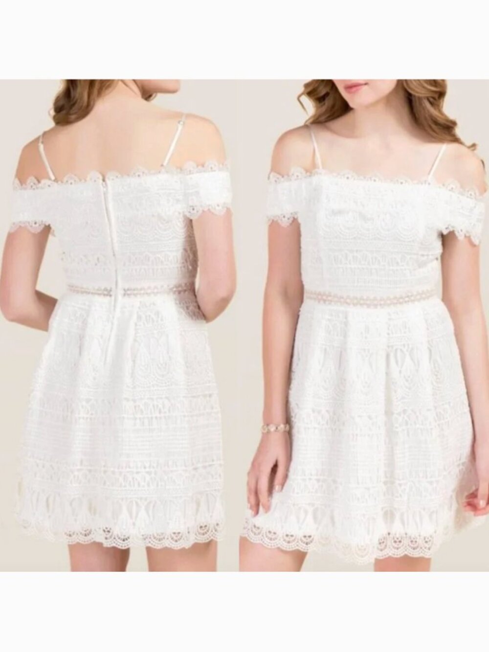 FRANCESCA’S FRANCESCAS Off Shoulder Lace Dress White Crochet Cutout Waist Mini M